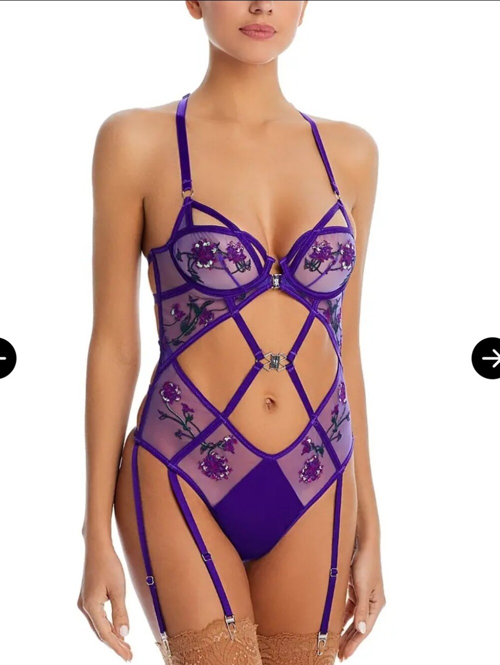 THISTLE AND SPIRE Dryad Embroidered Mesh Underwire Thong Bodysuit Ultraviolet M